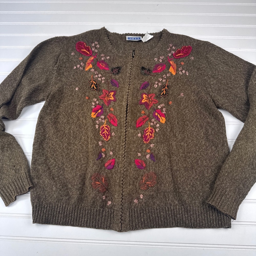 Vintage Erika & Co Women's Medium Embroidered Fall Full Zip Cardigan Sweater